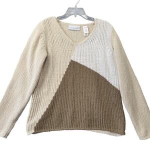 First Issue Liz Claiborne Tan Sweater Preppy V-Neck Long Sleeve Women Size S Top